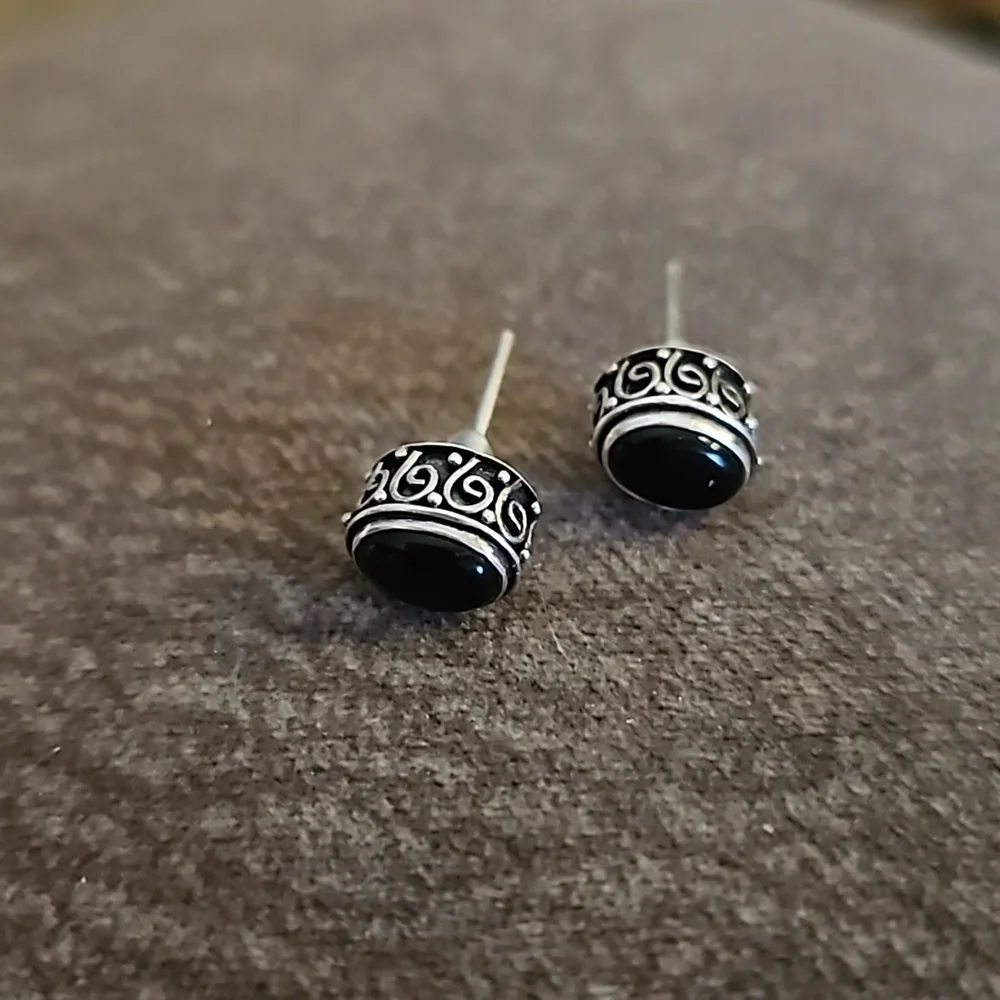 ARTISAN Sterling Silver Black Onyx Scroll Post Earrings